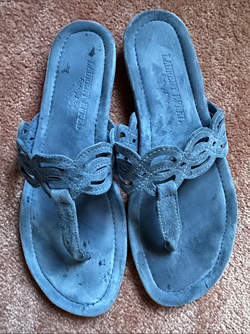 Laurent Effel Blue Suede Thong Sandals, Cutout Strap Slip On - Picture 3 of 13
